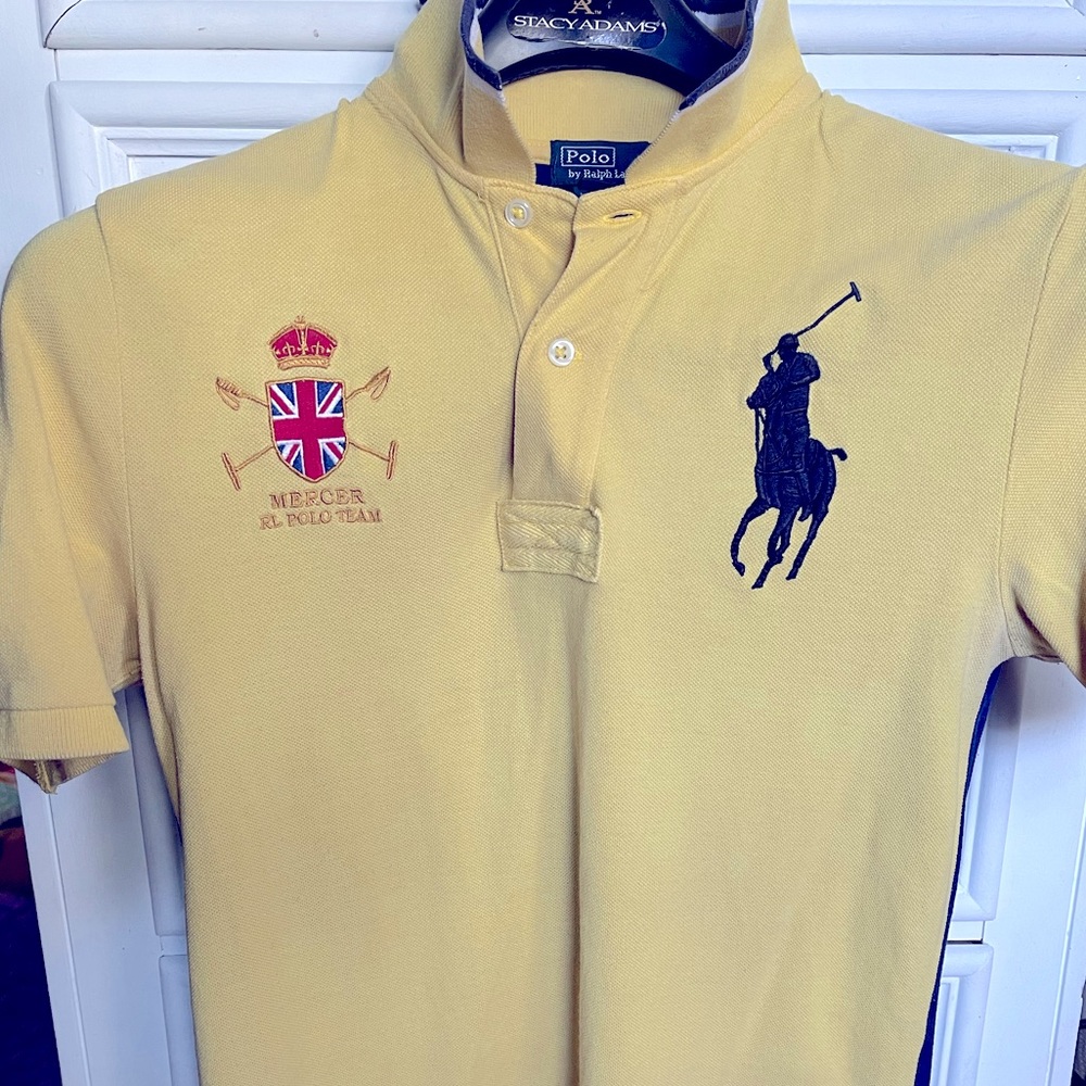 Yellow shirt with blue horse.. Medium Boys… Size 16… Polo by Ralph Lauren..